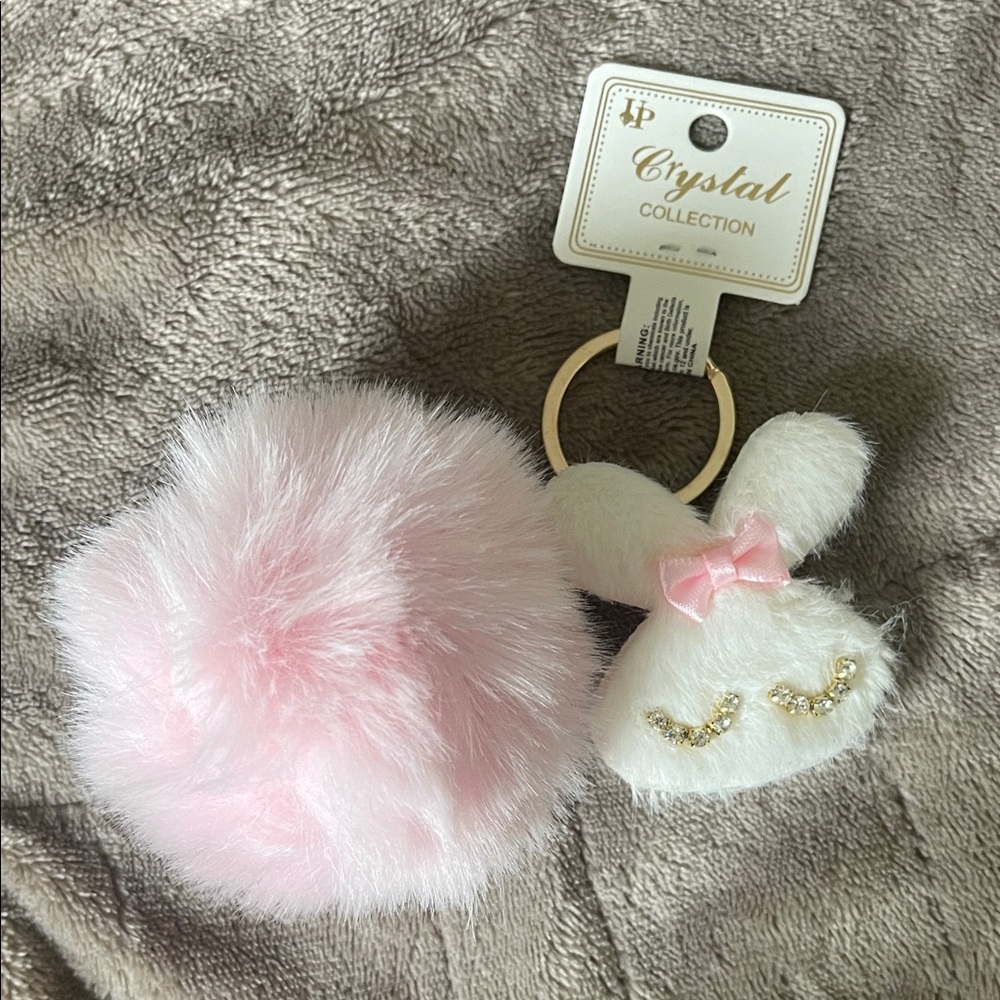 Pink Fluffy Bunny Keychain purse bag charm super soft rhinestone nwt